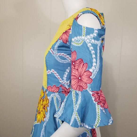 Spanish Style Dress Sz XS 0-2 Blue High Low Floral Crochet Bodice Party Extra Sm - Picture 4 of 9